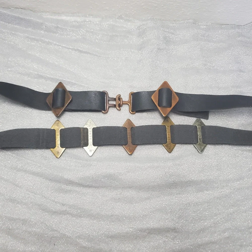 Al Beres USA Vtg Black Leather Belt Mixed Metal Diamond Slides Hook Closure Dune